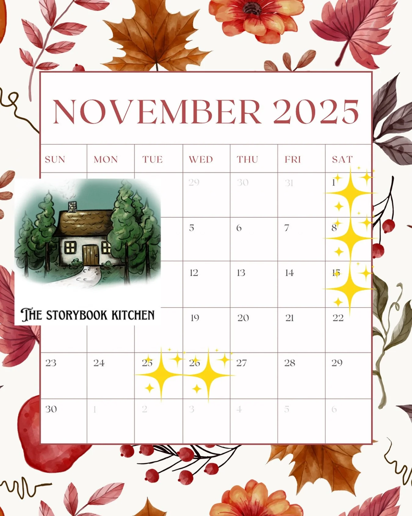 Important Dates for November: 
1st Hendersonville Handmade Market 👛
8th Porch Pickup 3-6pm (order at thestorybookkitchen.com) 📱 
15th Rose Mont Christmas Market 2-8pm 810 S Water Ave in Gallatin 🎄
25th Pickup or Delivery for Thanksgiving orders 🥧