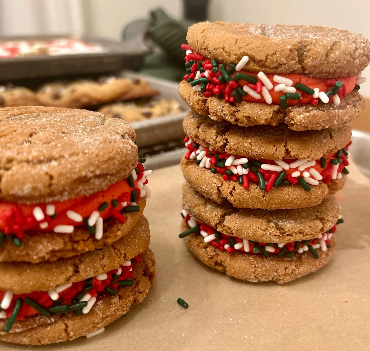 Stop ✋ Don&rsquo;t read any further. These gingerbread cookie sandwiches are addicting. I warned you. Two spiced molasses cookies with a vanilla buttercream center, adorned with Christmas sprinkles. They make an adorable gift but you&rsquo;ll need 1 
