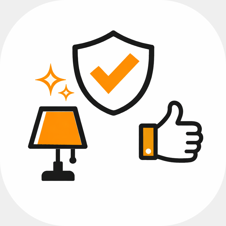 Symbol für Qualität und Schutz, inklusive Schild mit Lampe und Daumen nach oben