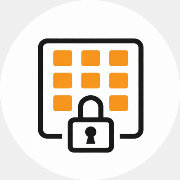 Symbol für gesicherten digitalen Zugriff mit einem verschlüsselten Bildschirm und einem Schloss.