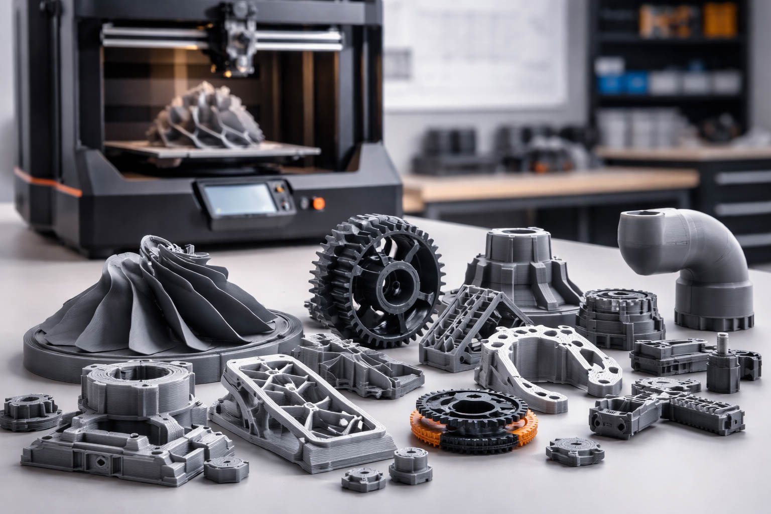 Ein Bild mit vielen 3D-gedruckten mechanischen Teilen, im Hintergrund ist ein 3D Drucker zu sehen.