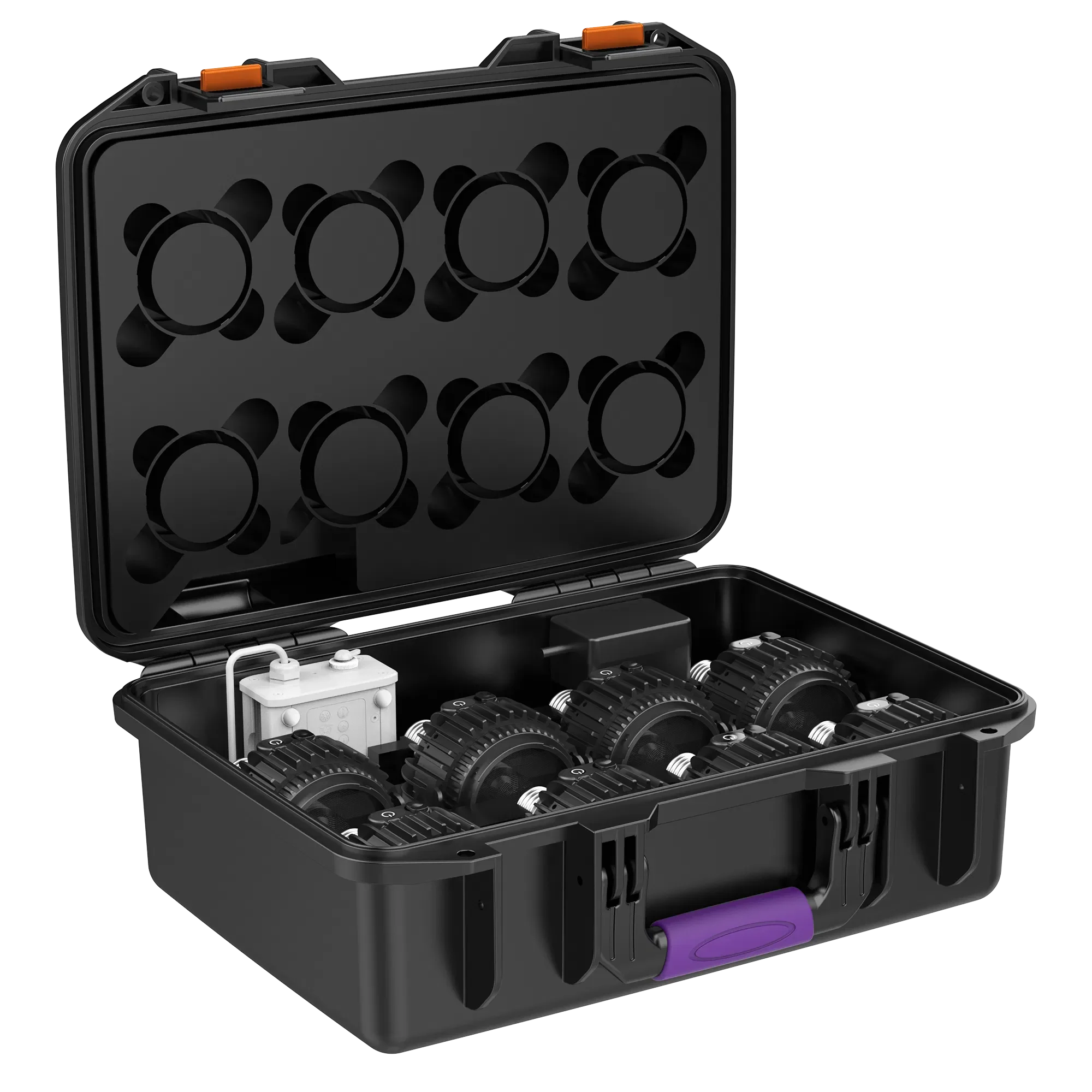 Ein schwarzer Koffer mit Astera SolaBulbs und Zubehör.