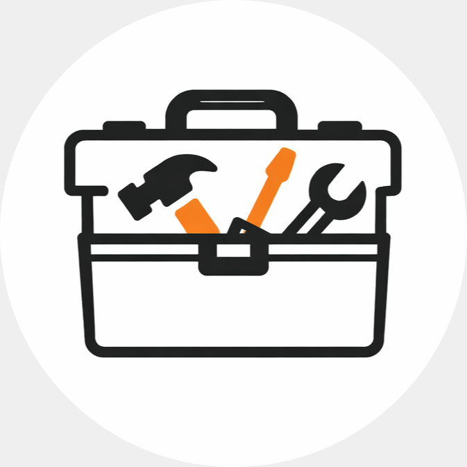 Symbol für Werkzeugkasten mit Hammer, Schraubenzieher und Schraubenschlüssel.