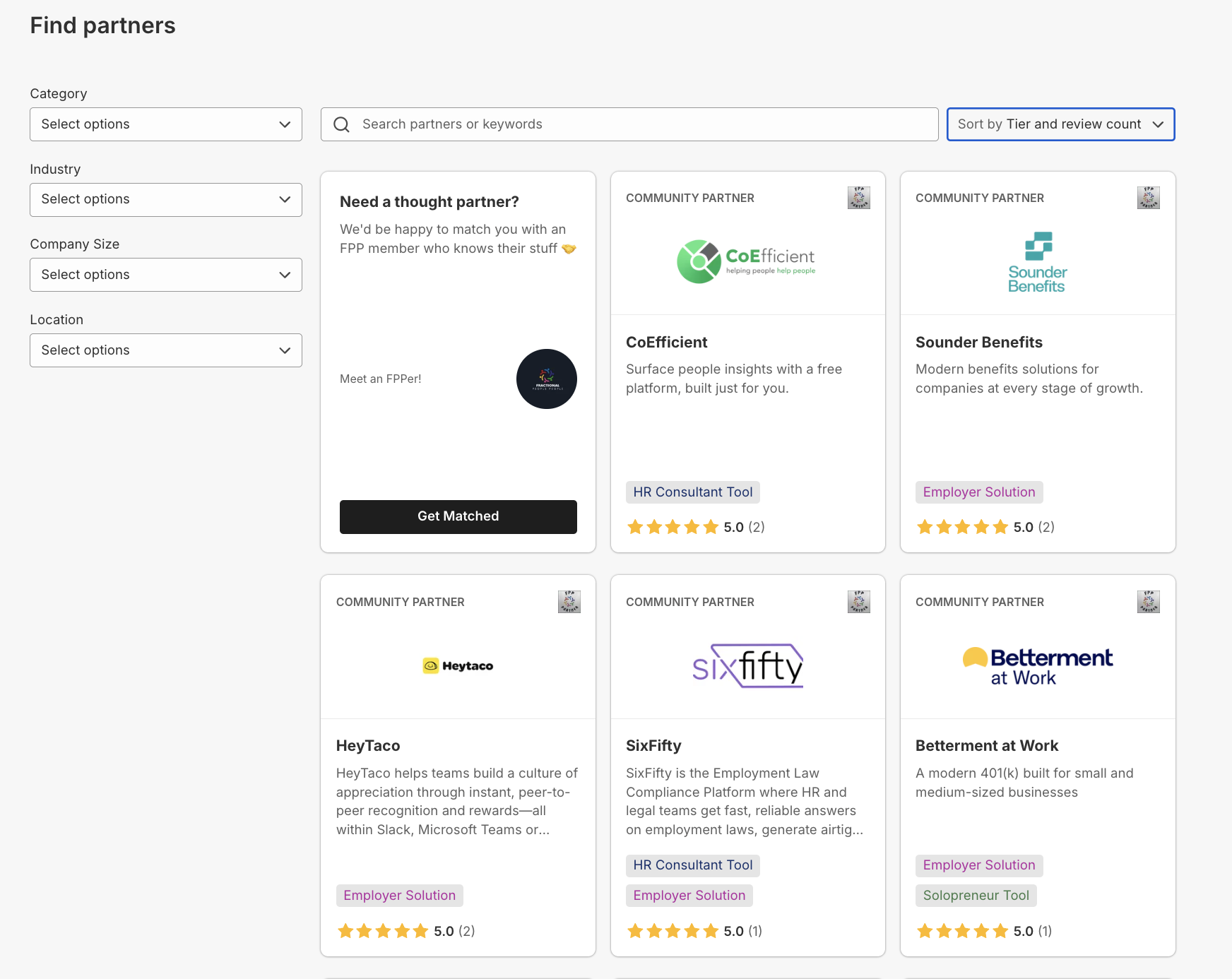 Screenshot of a partner matching website with options to search and filter partners by category, industry, company size, and location. It features various partner profiles including CoEfficient, Sounder Benefits, HeyTaco, SixFifty, and Betterment at Work, with brief descriptions, logos, and review ratings.