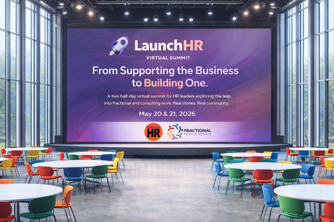 Large conference room with colorful chairs and tables, big digital screen displaying LaunchHR Virtual Summit about HR leadership taking place on May 20-21, 2026.