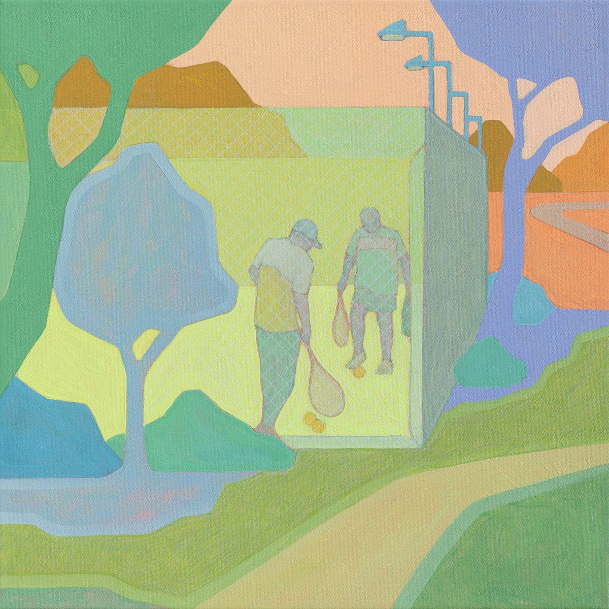 'Tennis', 2025, 43cm x 43cm, Vinyl Paint, Acrylic, Wax Pencil on Canvas, Flooded Gum Frame