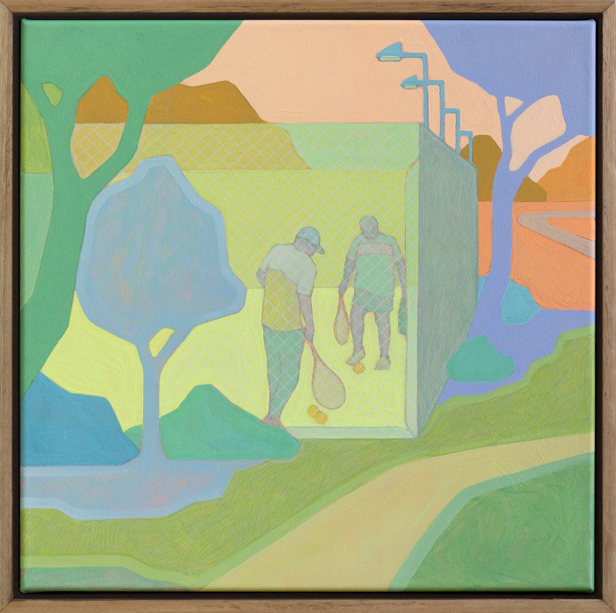 'Tennis', 2025, 43cm x 43cm, Vinyl Paint, Acrylic, Wax Pencil on Canvas, Flooded Gum Frame