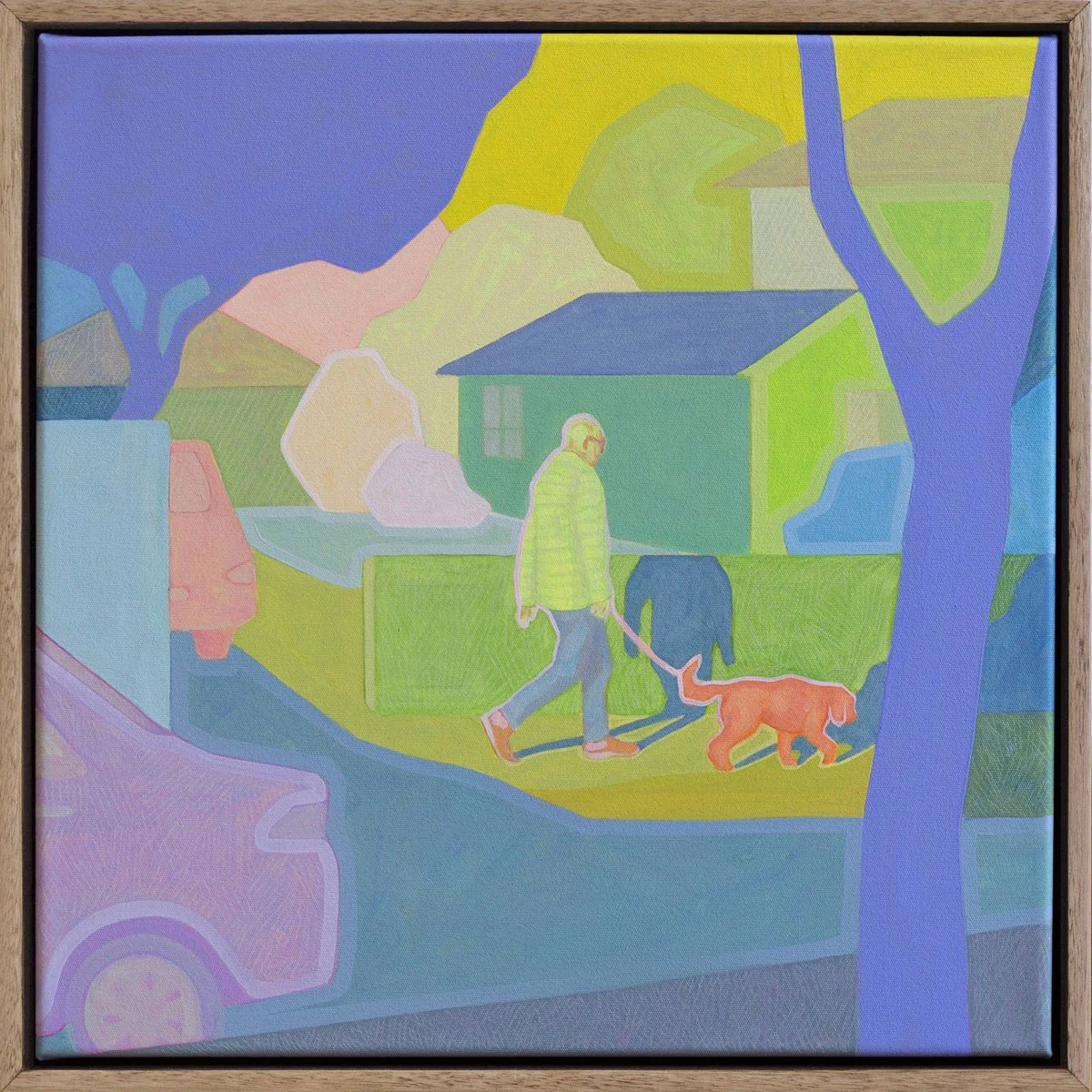 'Suburban Stroll', 2025, 43cm x 43cm, Vinyl Paint, Acrylic, Wax Pencil on Canvas, Flooded Gum Frame