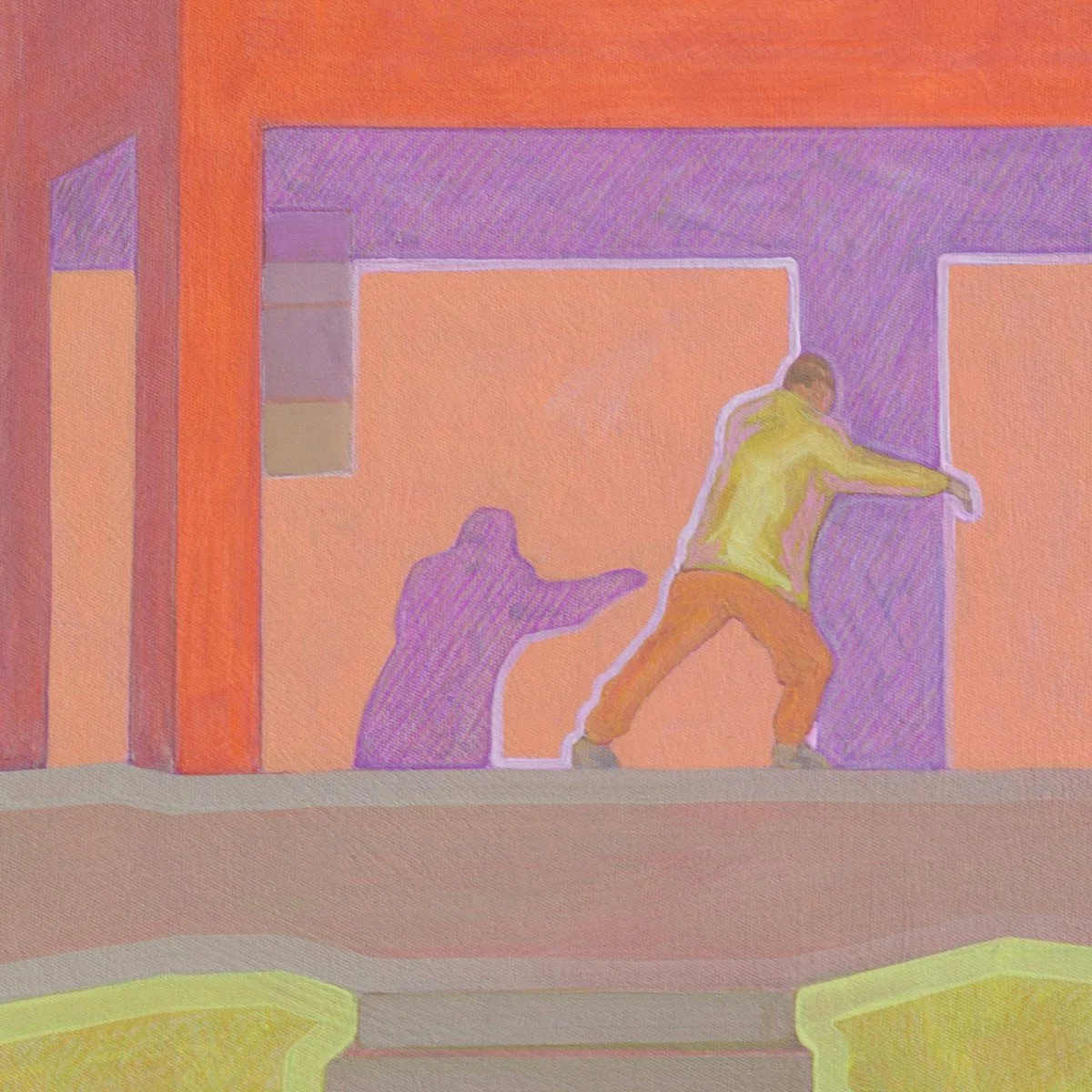 'Tai Chi at the Football Oval', 2025, 43cm x 43cm, Vinyl Paint, Acrylic, Wax Pencil on Canvas, Flooded Gum Frame