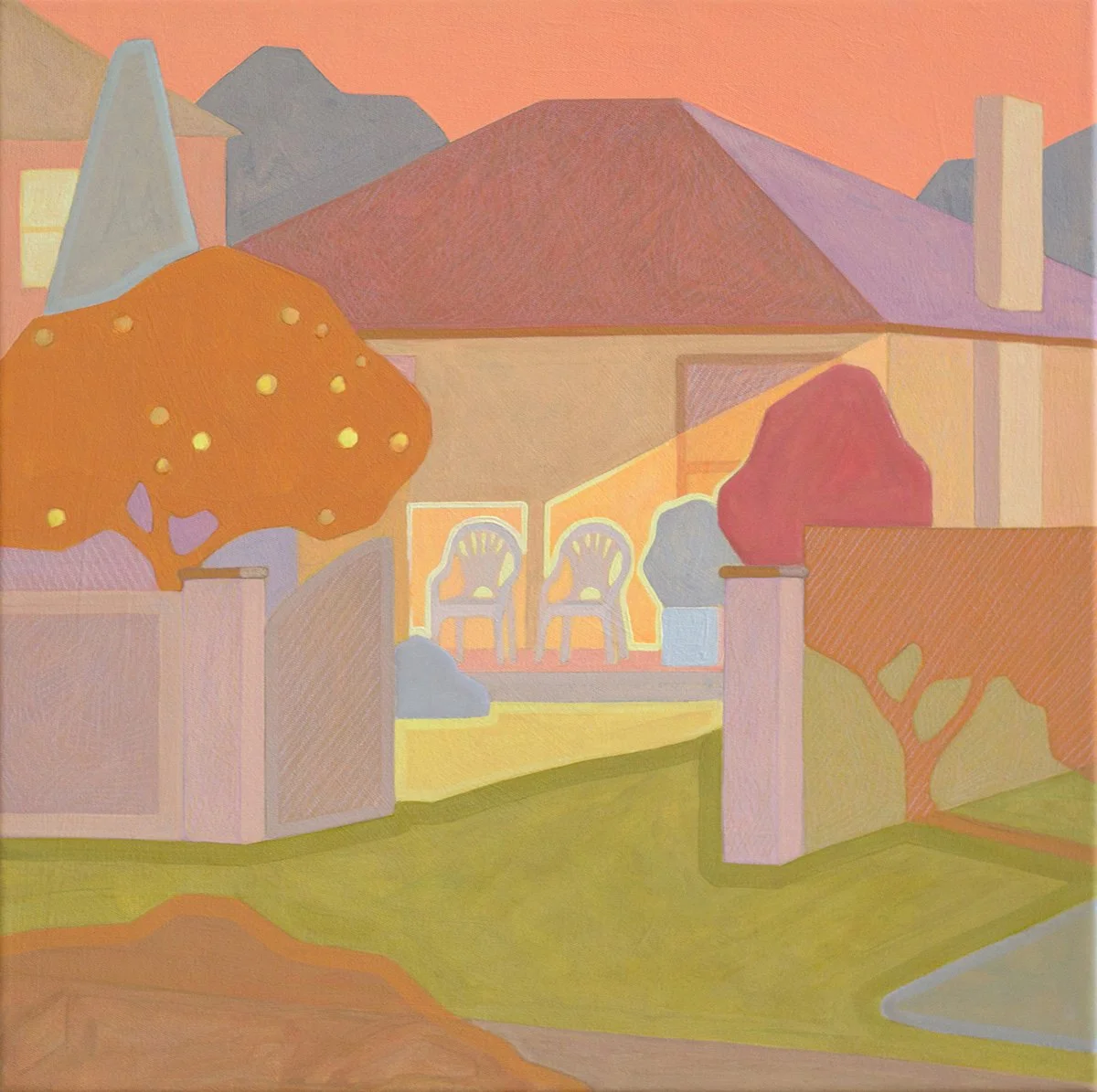 'Two Chairs and a Lemon Tree', 2025, 43cm x 43cm, Vinyl Paint, Acrylic, Wax Pencil on Canvas, Flooded Gum Frame