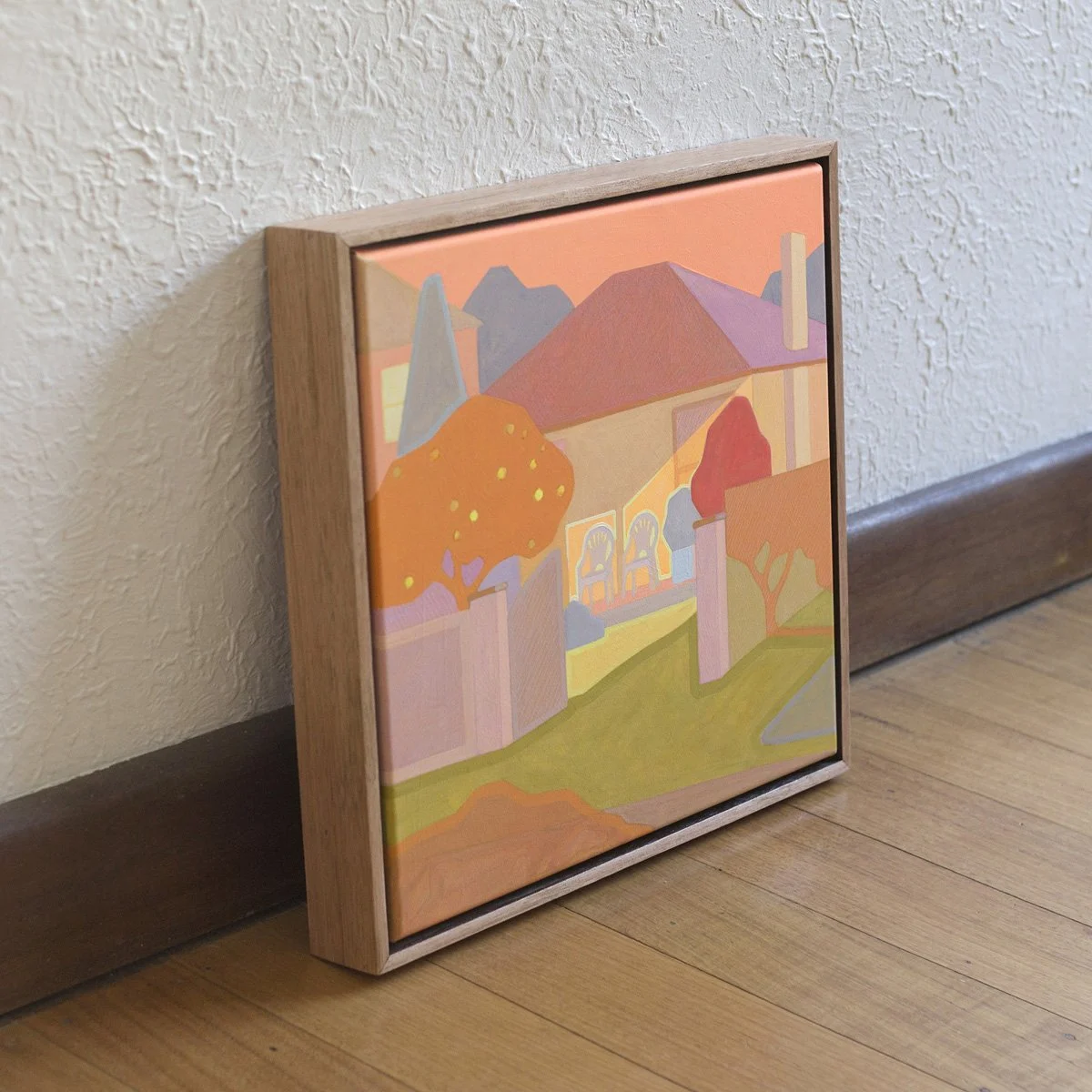 'Two Chairs and a Lemon Tree', 2025, 43cm x 43cm, Vinyl Paint, Acrylic, Wax Pencil on Canvas, Flooded Gum Frame