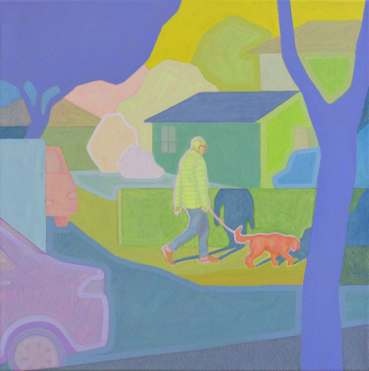 'Suburban Stroll', 2025, 43cm x 43cm, Vinyl Paint, Acrylic, Wax Pencil on Canvas, Flooded Gum Frame