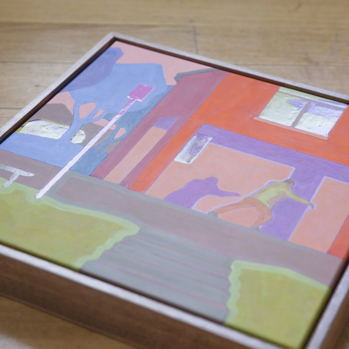 'Tai Chi at the Football Oval', 2025, 43cm x 43cm, Vinyl Paint, Acrylic, Wax Pencil on Canvas, Flooded Gum Frame