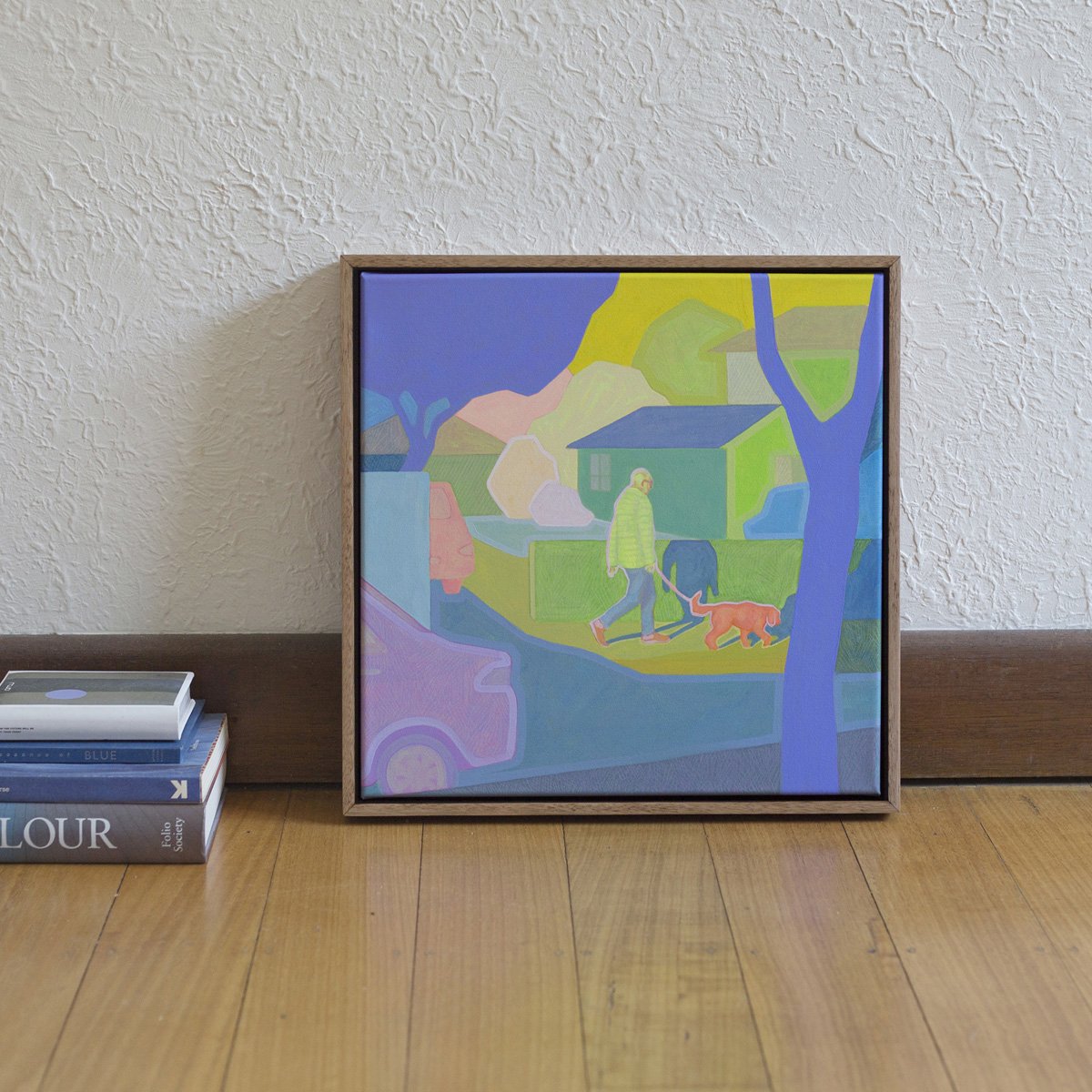 'Suburban Stroll', 2025, 43cm x 43cm, Vinyl Paint, Acrylic, Wax Pencil on Canvas, Flooded Gum Frame