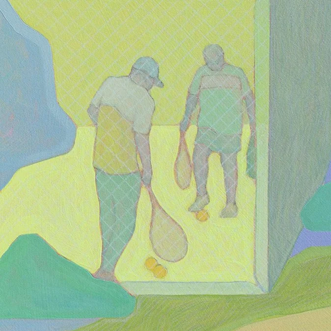 'Tennis', 2025, 43cm x 43cm, Vinyl Paint, Acrylic, Wax Pencil on Canvas, Flooded Gum Frame