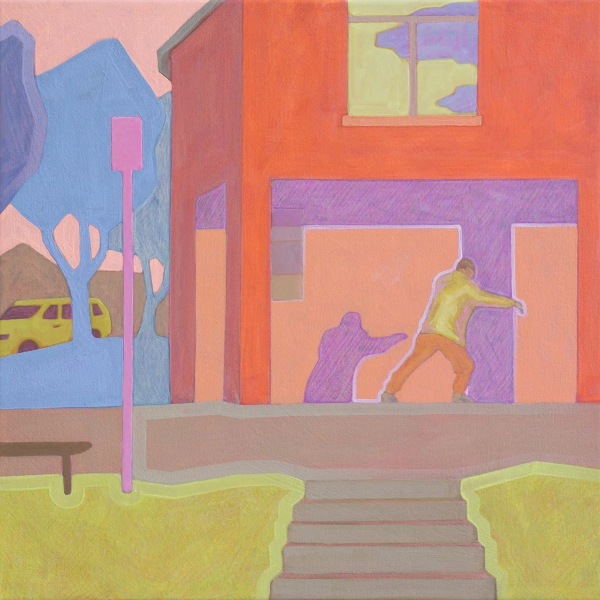 'Tai Chi at the Football Oval', 2025, 43cm x 43cm, Vinyl Paint, Acrylic, Wax Pencil on Canvas, Flooded Gum Frame