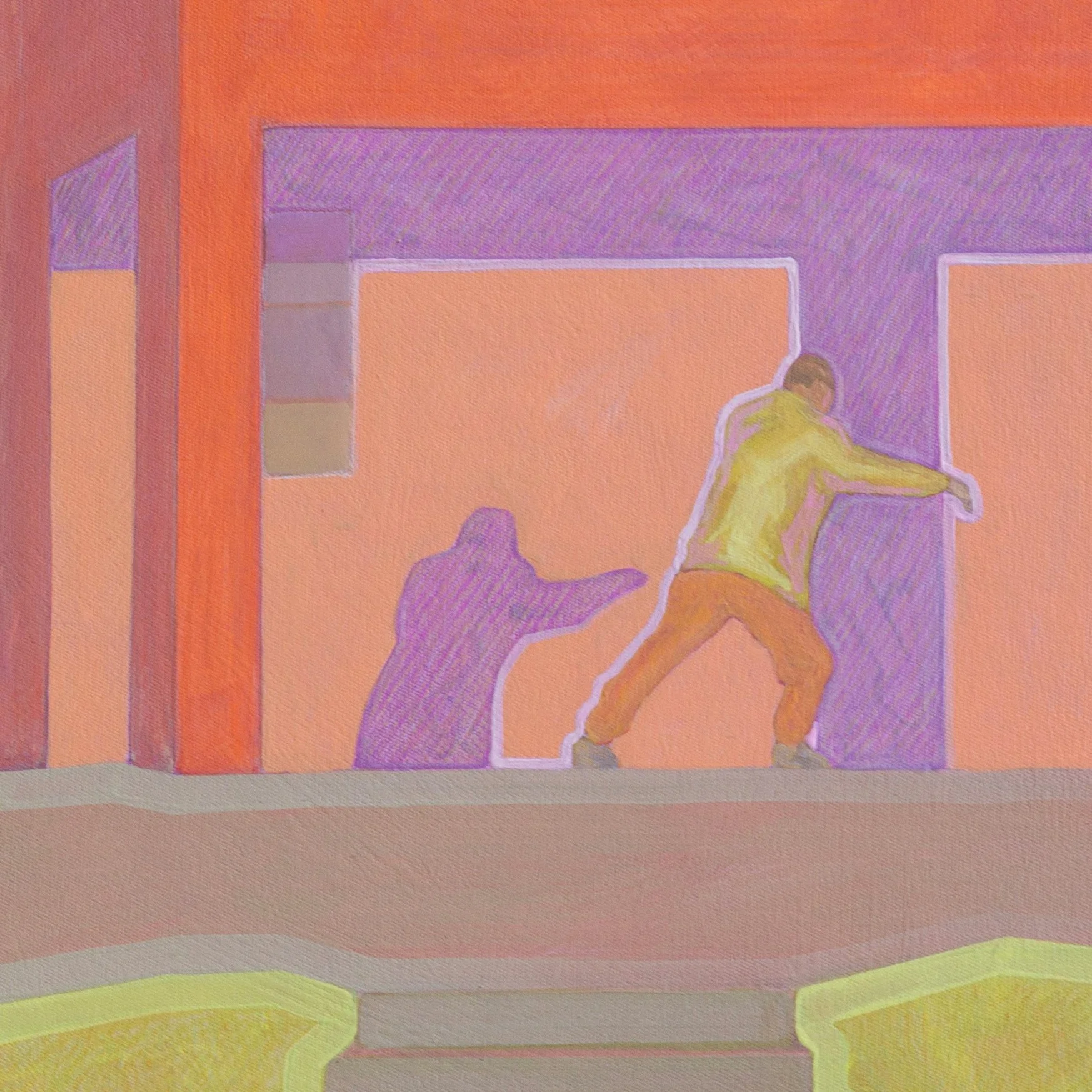 Tai Chi at the Football Oval, $390, 2025, 40cm x 40cm, Vinyl Paint, Acrylic, Wax Pencil, on Canvas, Flooded Gum Frame