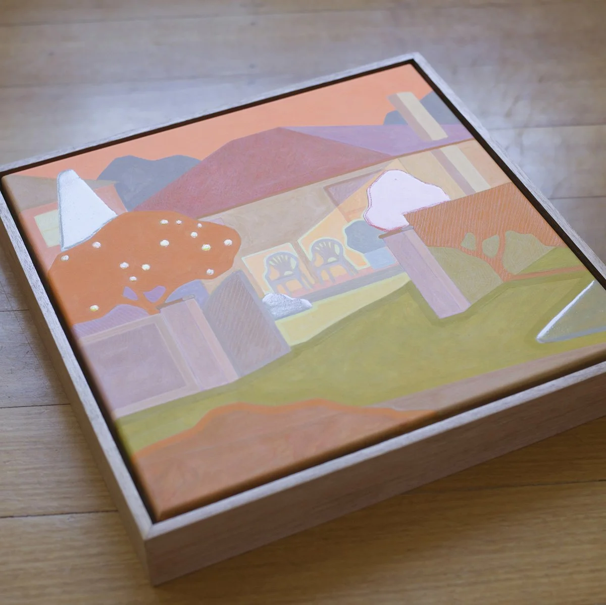 'Two Chairs and a Lemon Tree', 2025, 43cm x 43cm, Vinyl Paint, Acrylic, Wax Pencil on Canvas, Flooded Gum Frame