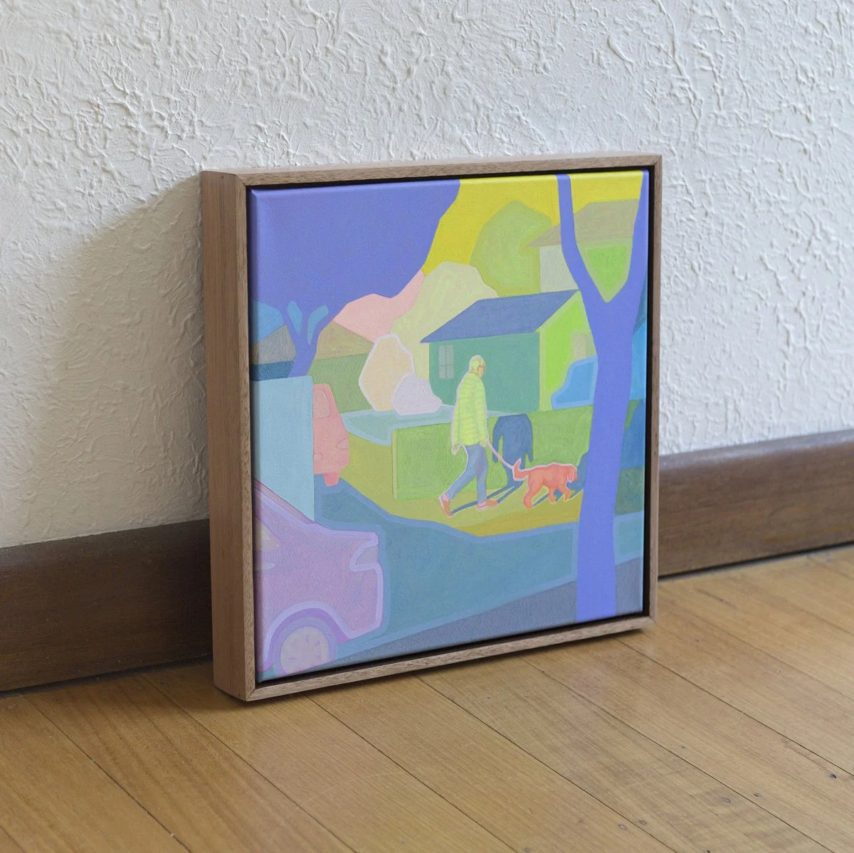 'Suburban Stroll', 2025, 43cm x 43cm, Vinyl Paint, Acrylic, Wax Pencil on Canvas, Flooded Gum Frame