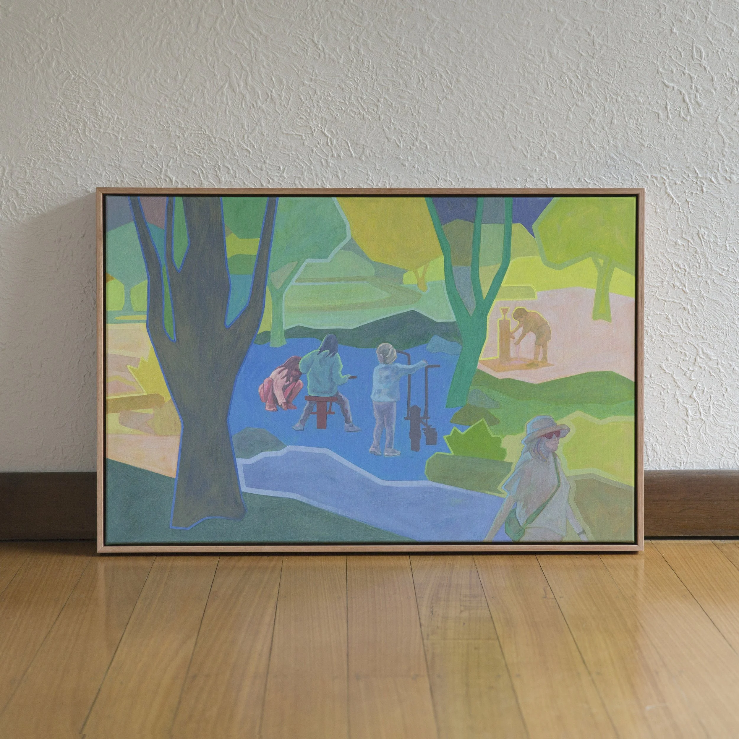 Kingston Heath Reserve, $685, 2025, 60cm x 90cm, Vinyl Paint, Acrylic, Wax Pencil, on Canvas, Flooded Gum Frame