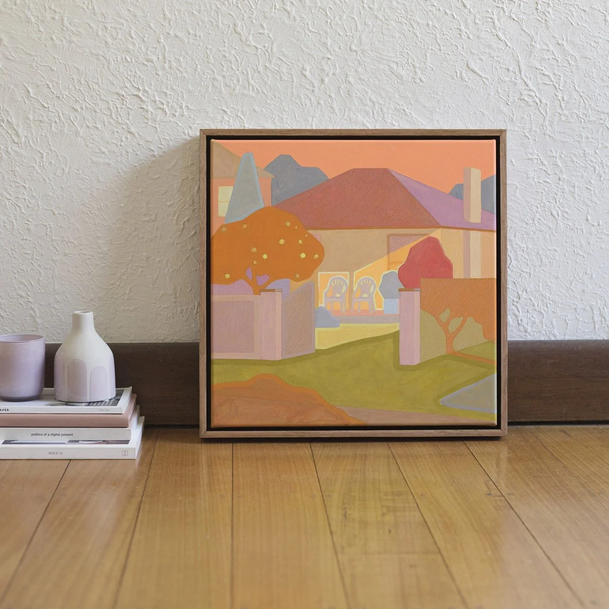 'Two Chairs and a Lemon Tree', 2025, 43cm x 43cm, Vinyl Paint, Acrylic, Wax Pencil on Canvas, Flooded Gum Frame