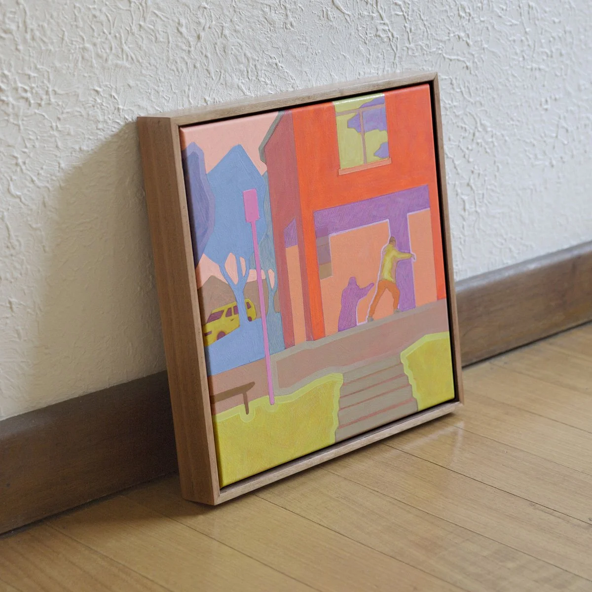 'Tai Chi at the Football Oval', 2025, 43cm x 43cm, Vinyl Paint, Acrylic, Wax Pencil on Canvas, Flooded Gum Frame