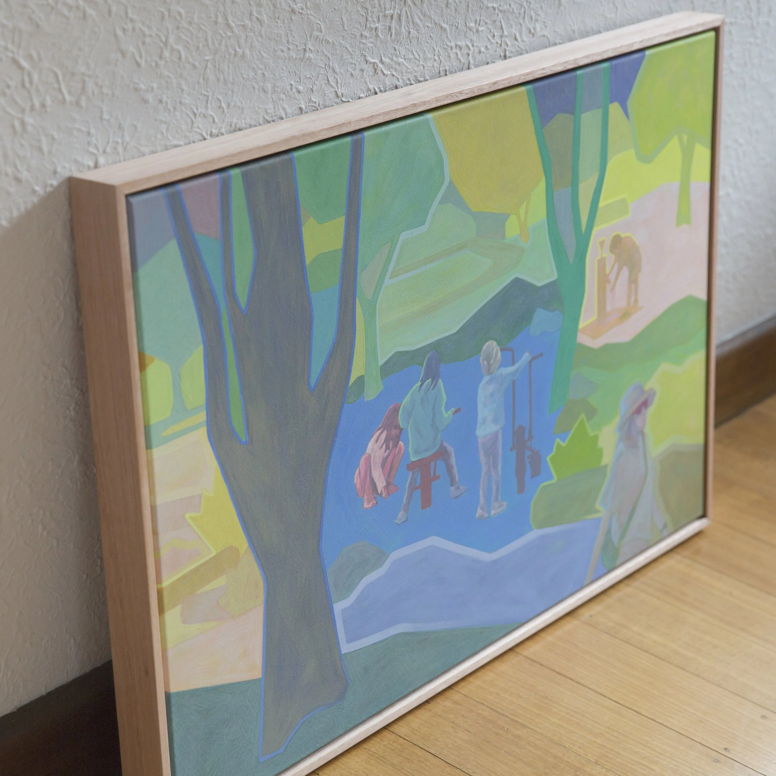 Kingston Heath Reserve, $685, 2025, 60cm x 90cm, Vinyl Paint, Acrylic, Wax Pencil, on Canvas, Flooded Gum Frame