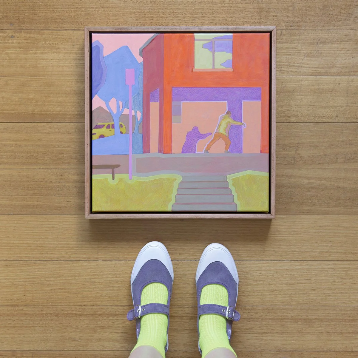 'Tai Chi at the Football Oval', 2025, 43cm x 43cm, Vinyl Paint, Acrylic, Wax Pencil on Canvas, Flooded Gum Frame