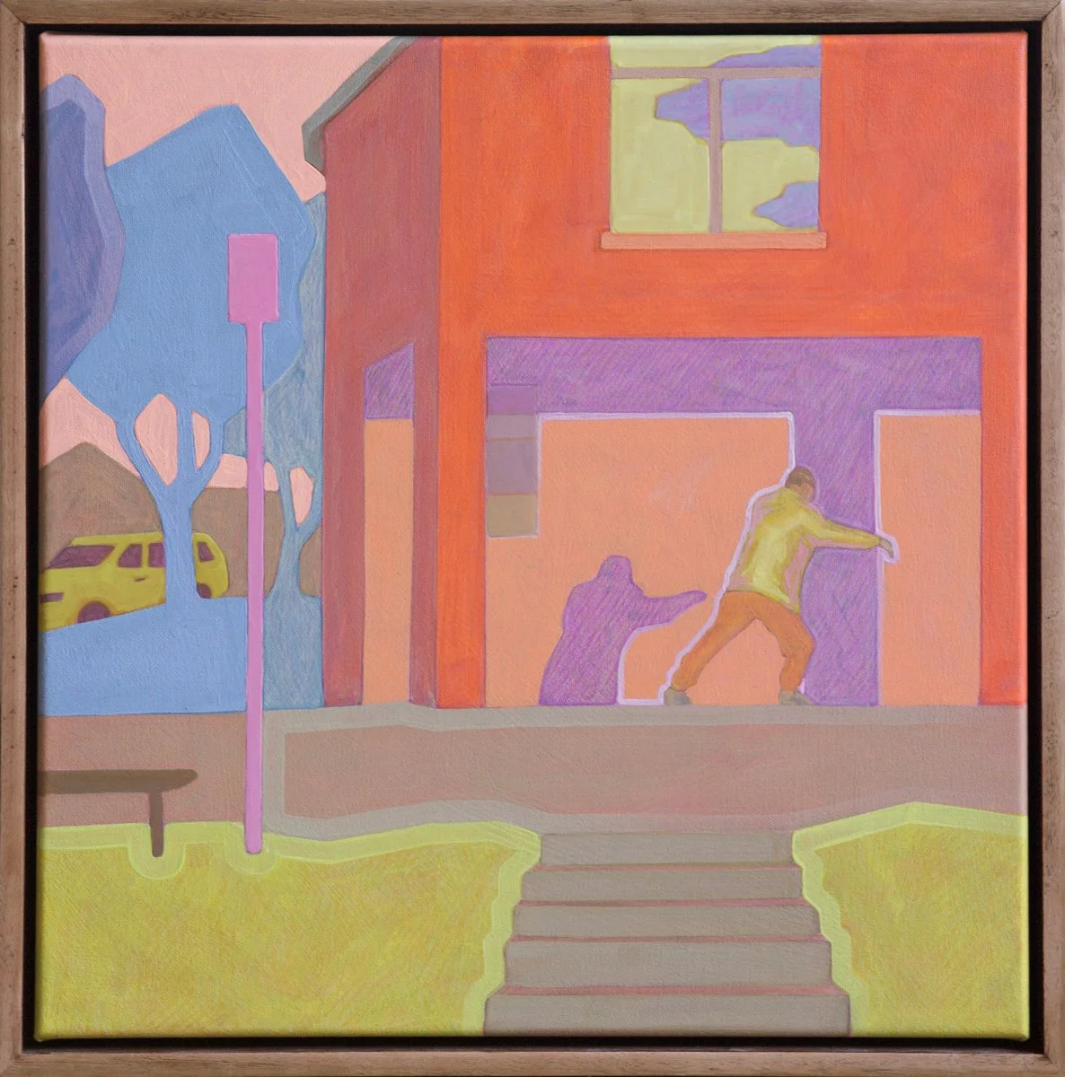 'Tai Chi at the Football Oval', 2025, 43cm x 43cm, Vinyl Paint, Acrylic, Wax Pencil on Canvas, Flooded Gum Frame