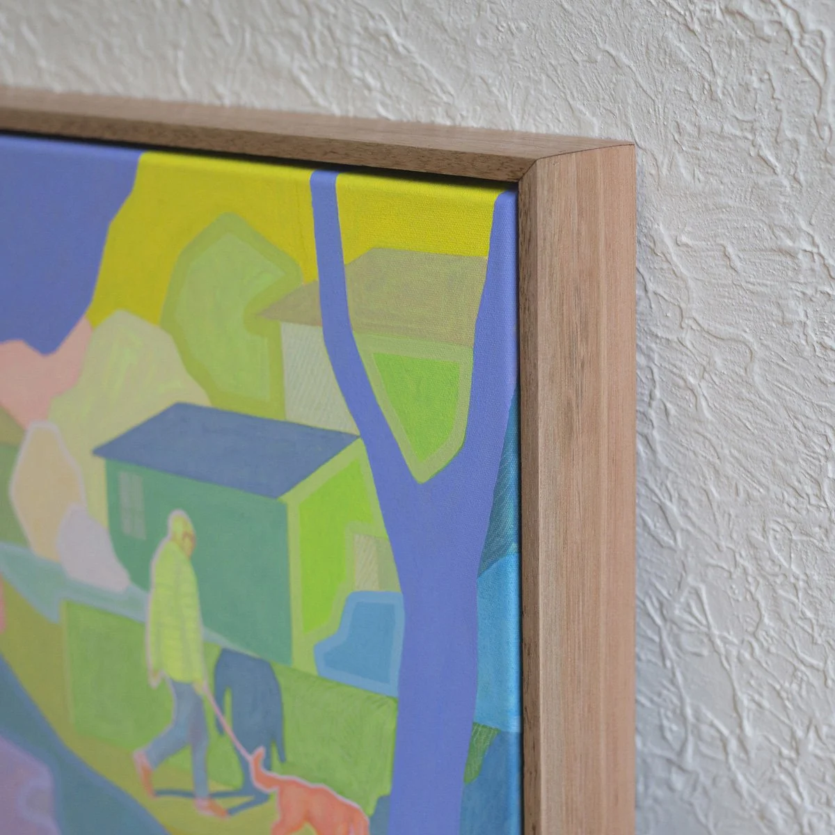 'Suburban Stroll', 2025, 43cm x 43cm, Vinyl Paint, Acrylic, Wax Pencil on Canvas, Flooded Gum Frame