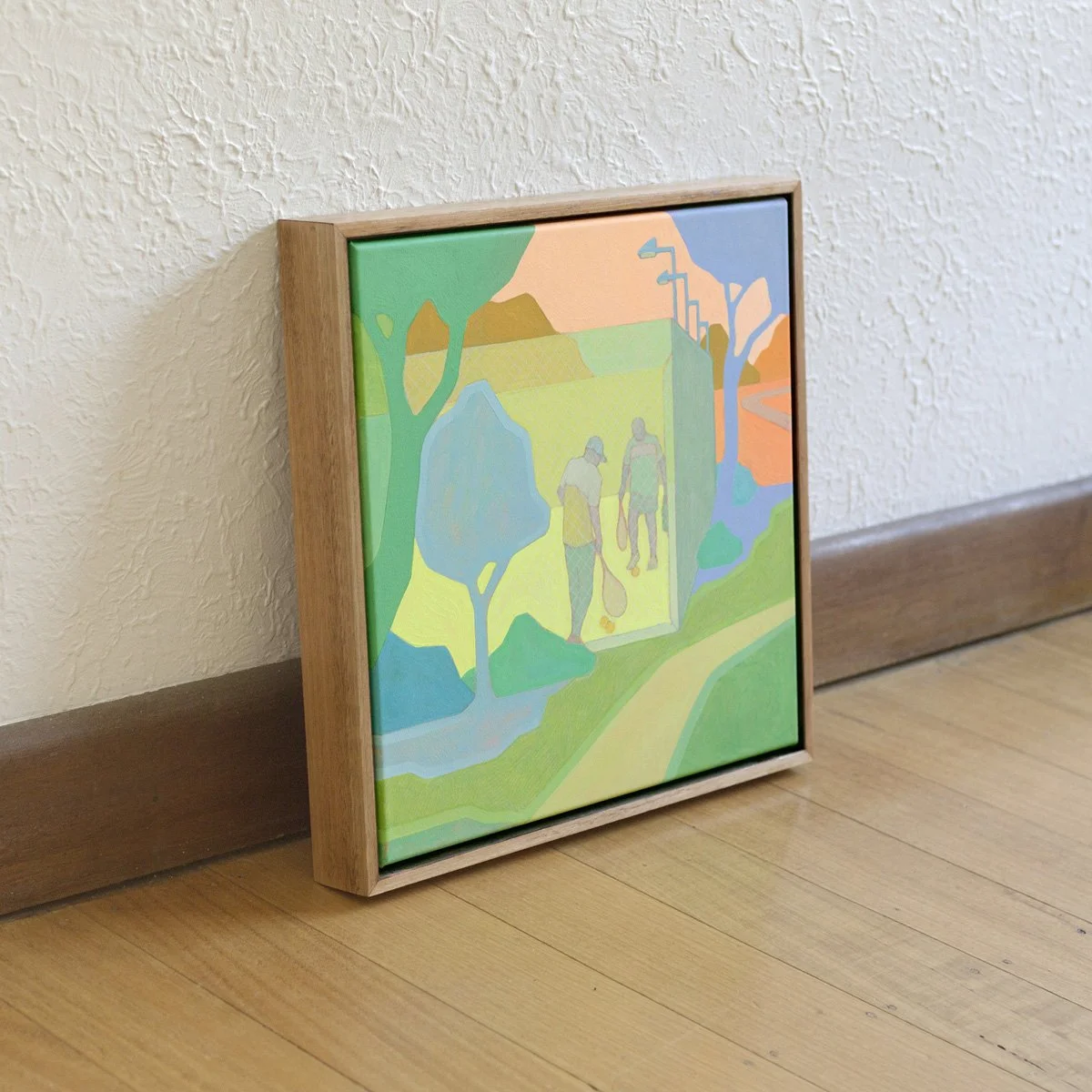 'Tennis', 2025, 43cm x 43cm, Vinyl Paint, Acrylic, Wax Pencil on Canvas, Flooded Gum Frame