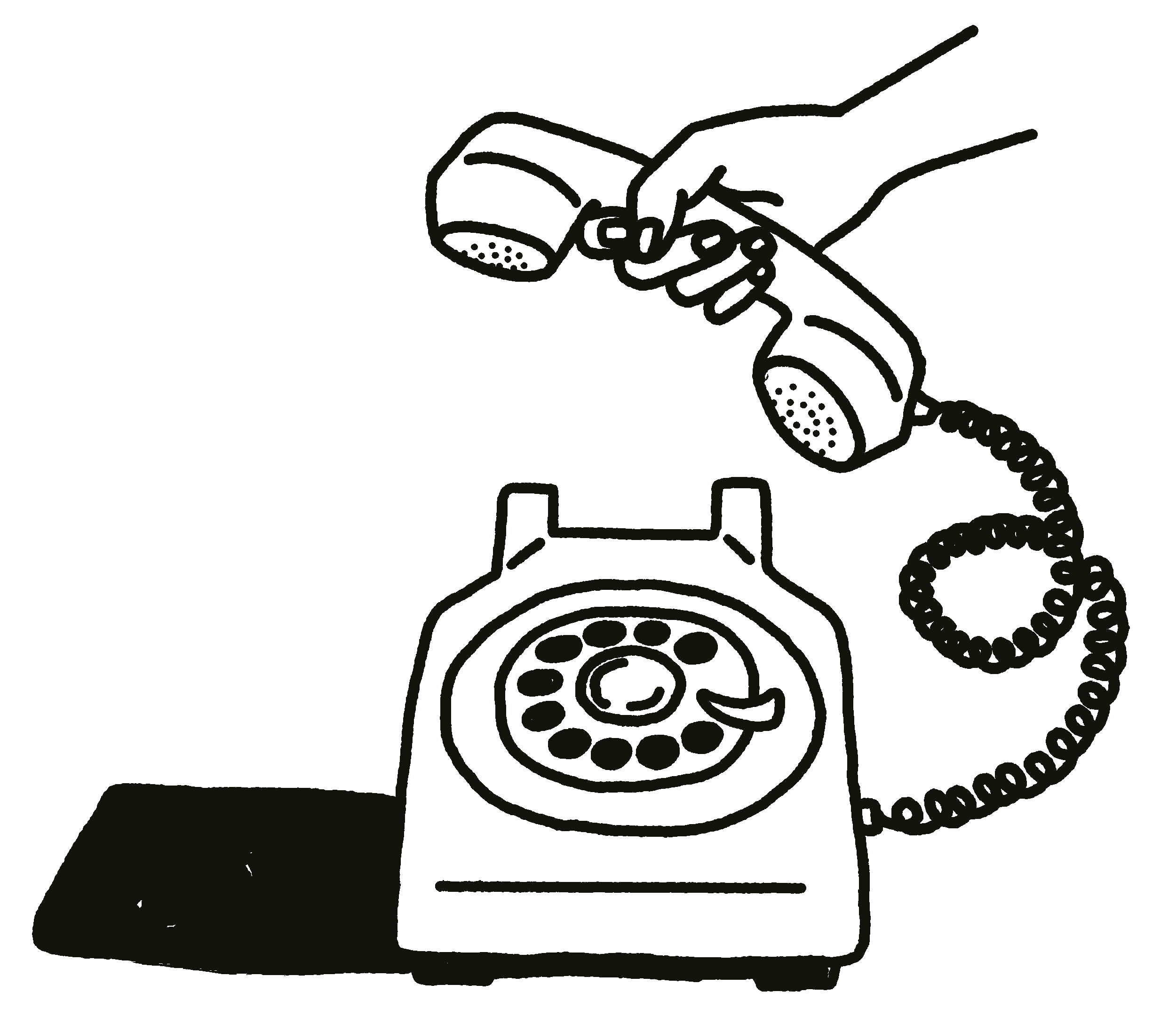 A line drawing of a rotary phone with a hand holding the handset above it.