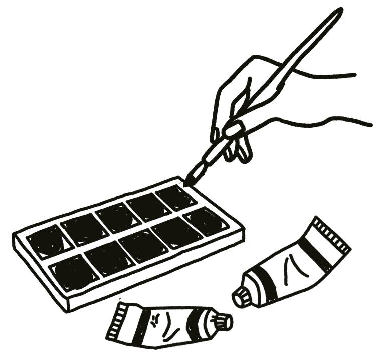 Line drawing of a hand holding a paintbrush, painting a palette with small compartments, along with two tubes of paint nearby.