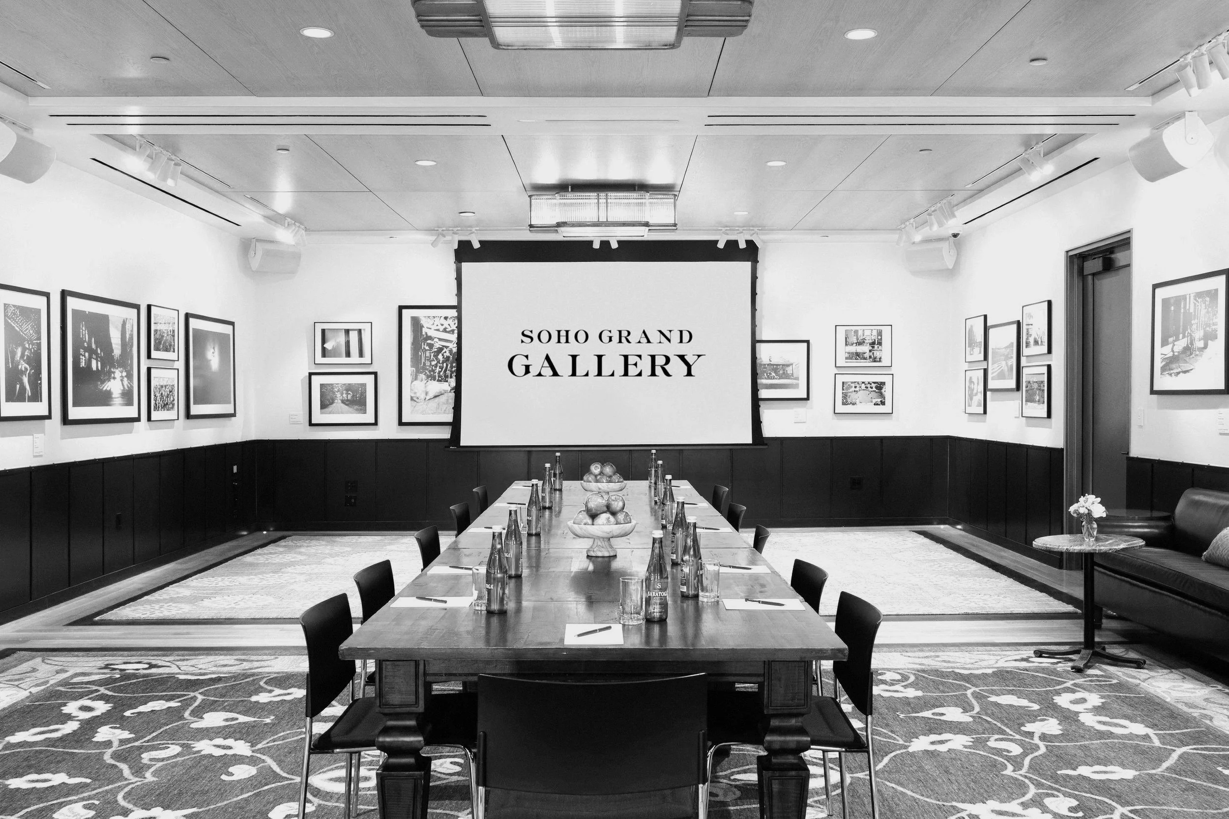 Boardroom table set up for a meeting at Soho Grand Gallery.