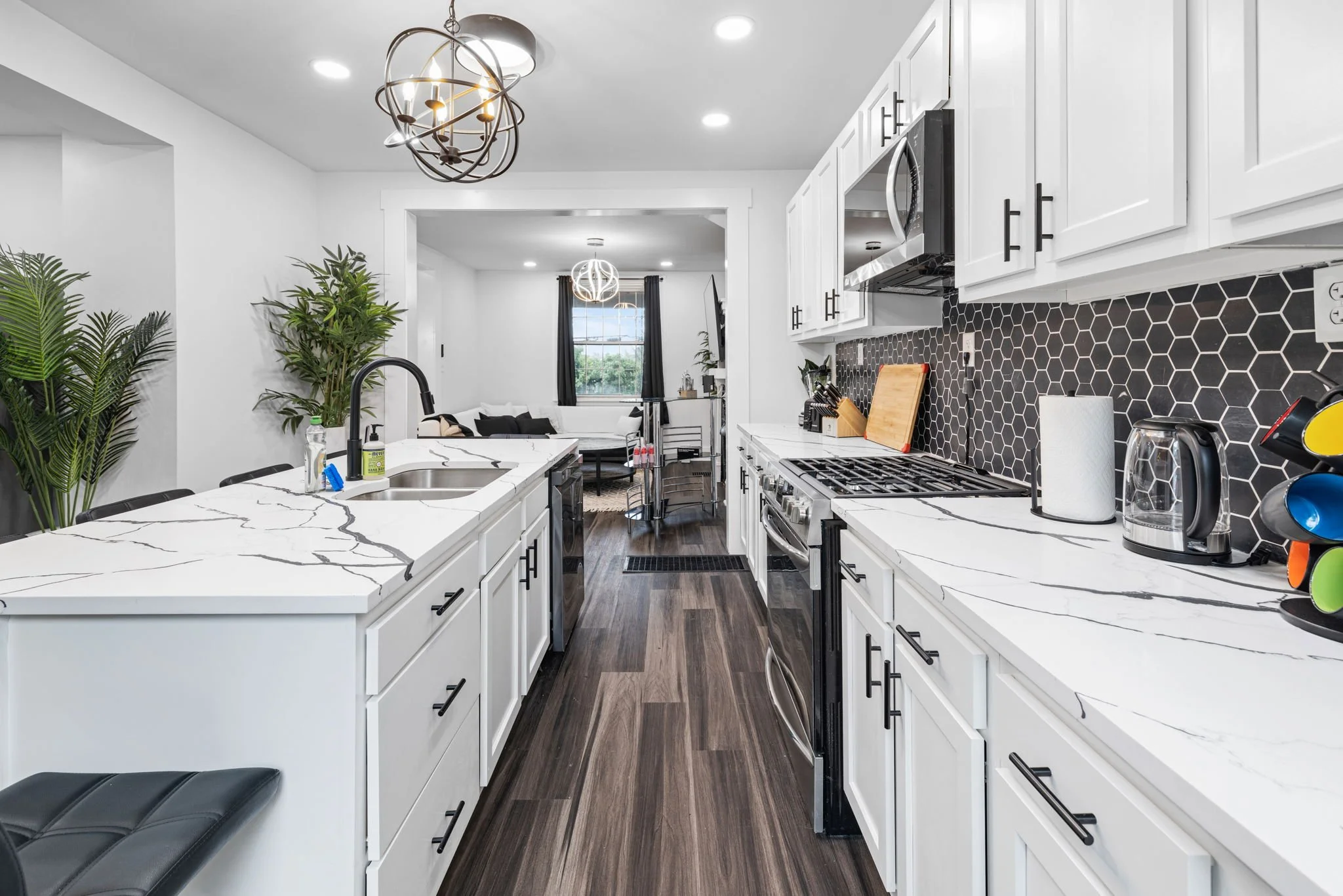 Modern Kitchen Remodel in Highland Park Pittsburgh with Tile Backsplash and appliance and lighting electrical installation