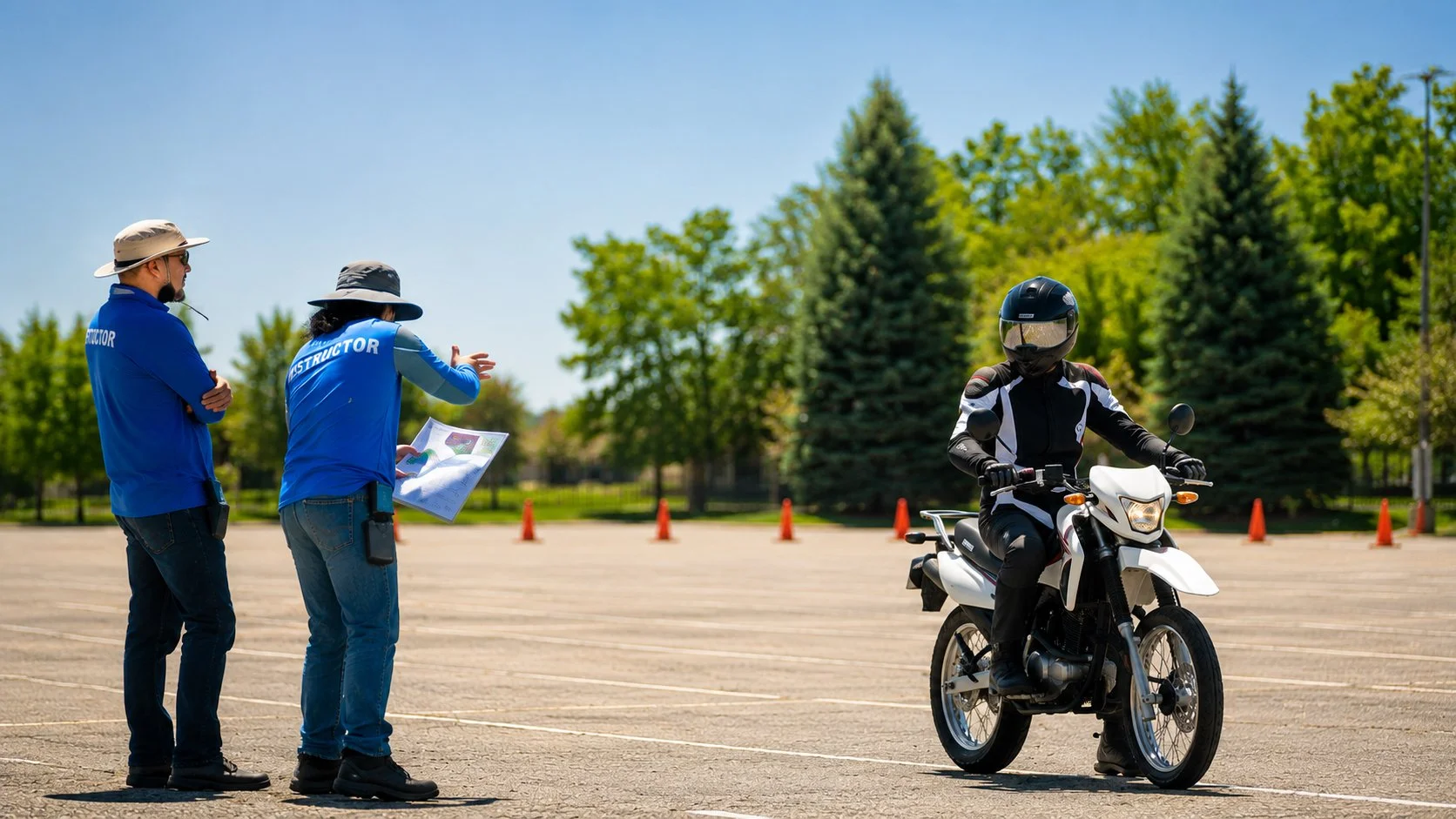 Motorcycle rider practicing riding skills in an open parking lot supervised by two instructors, with traffic cones in the background.