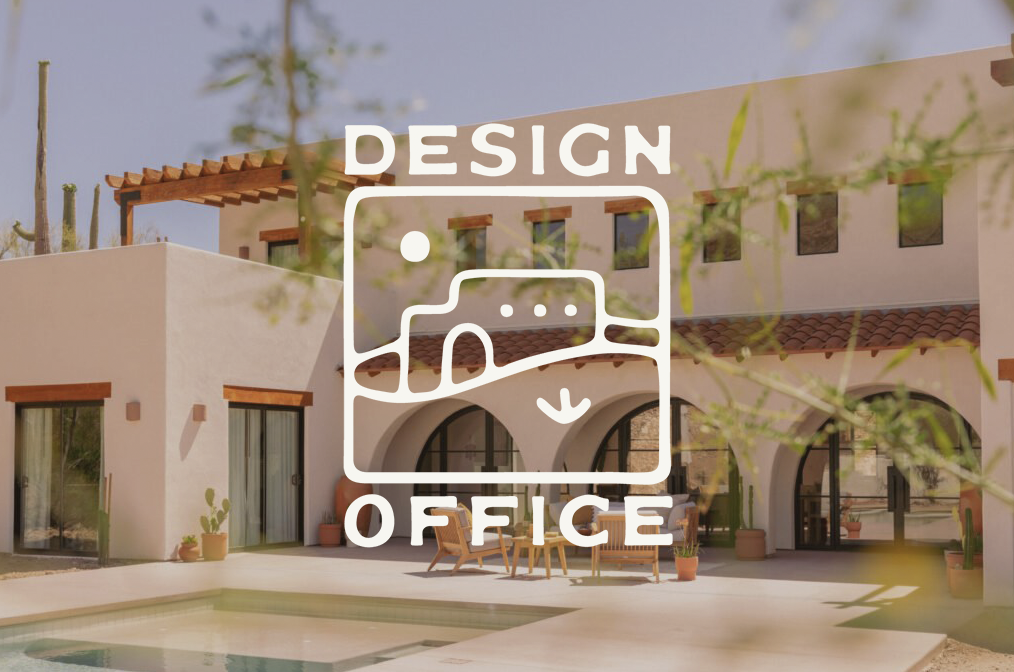 A white logo for Design Office Custom Home Designers - overlaid over an image of a custom Scottsdale home.