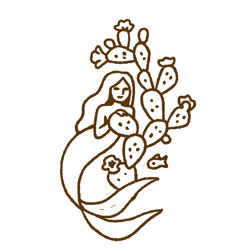 A line drawing of a mermaid with long hair, surrounded by cactus plants and a small fish, with a flower near her tail.