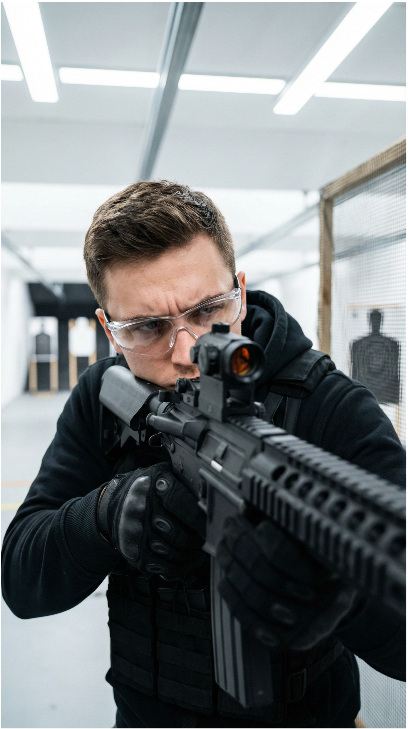 A man aiming a rifle at a shooting range, wearing safety glasses and black tactical gear.