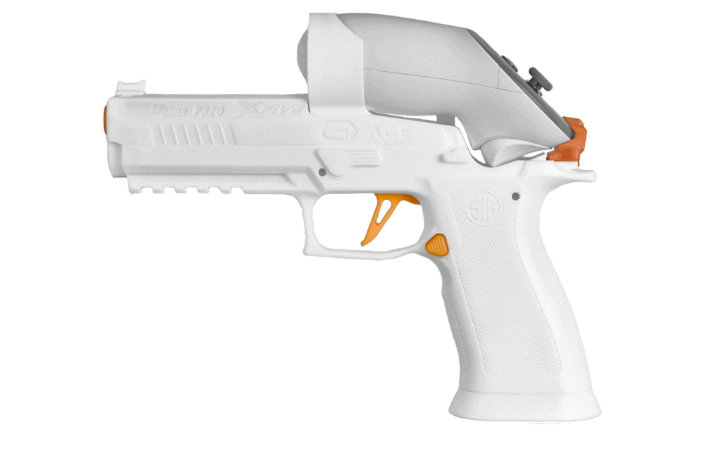 A white toy gun with orange accents, resembling a semi-automatic handgun.