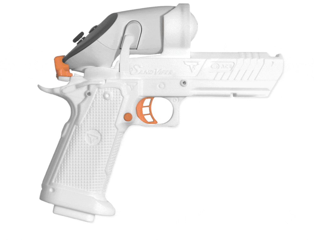 A white toy gun with orange accents and a mounted scope.