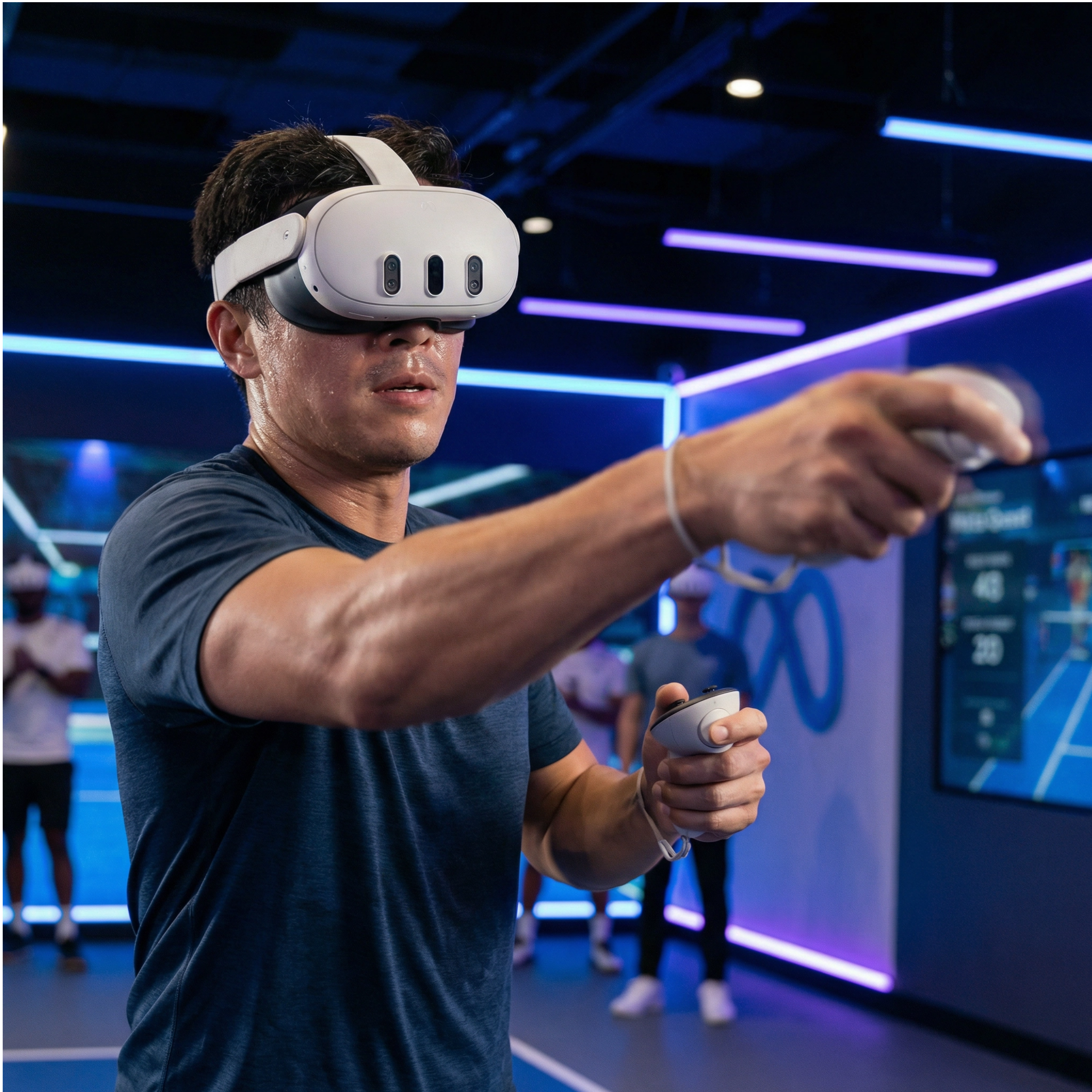 A man wearing a virtual reality headset and holding a VR controller interacts with a virtual environment at an indoor gaming center with neon lighting.