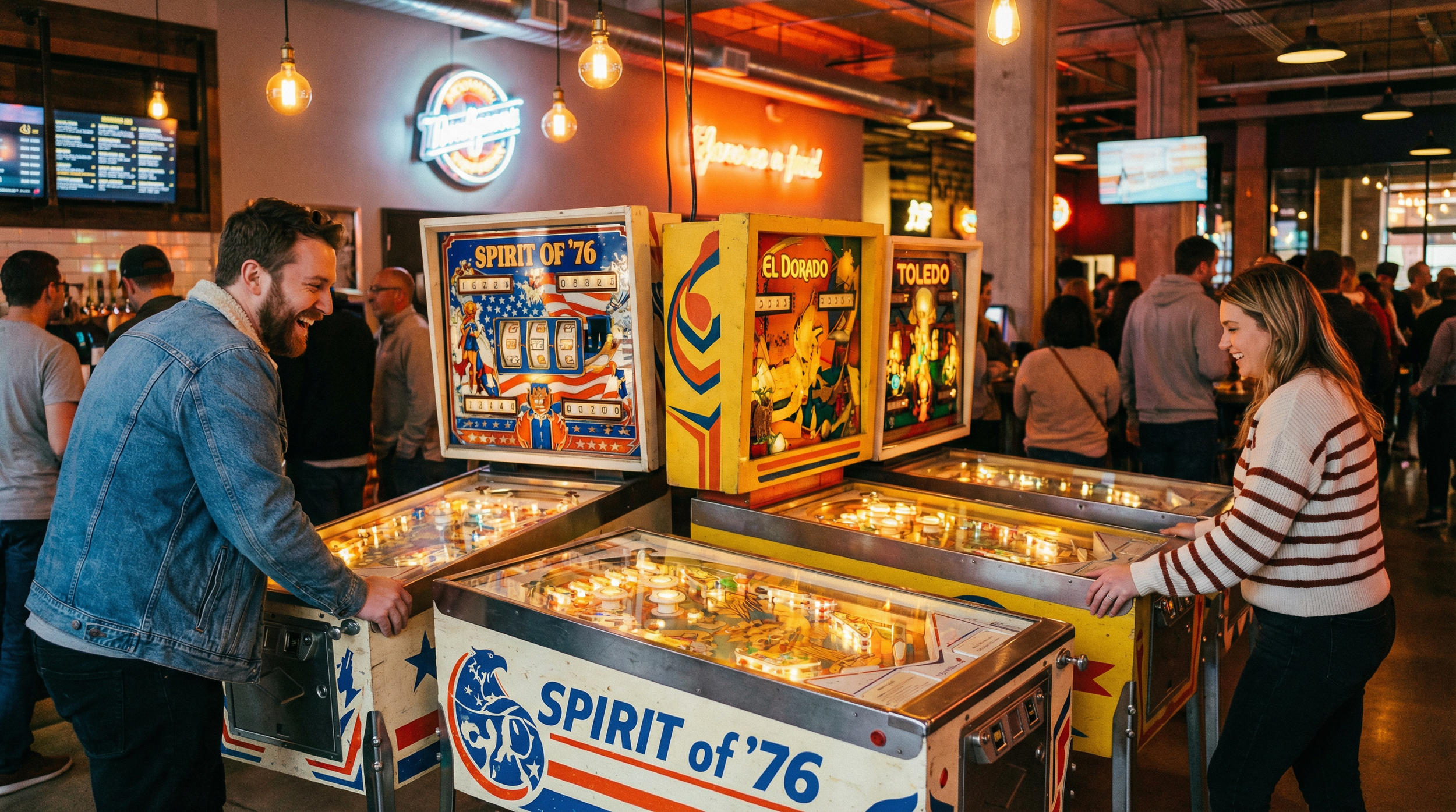 Two people playing pinball at a vintage arcade, smiling and enjoying the game, with other arcade patrons in the background.