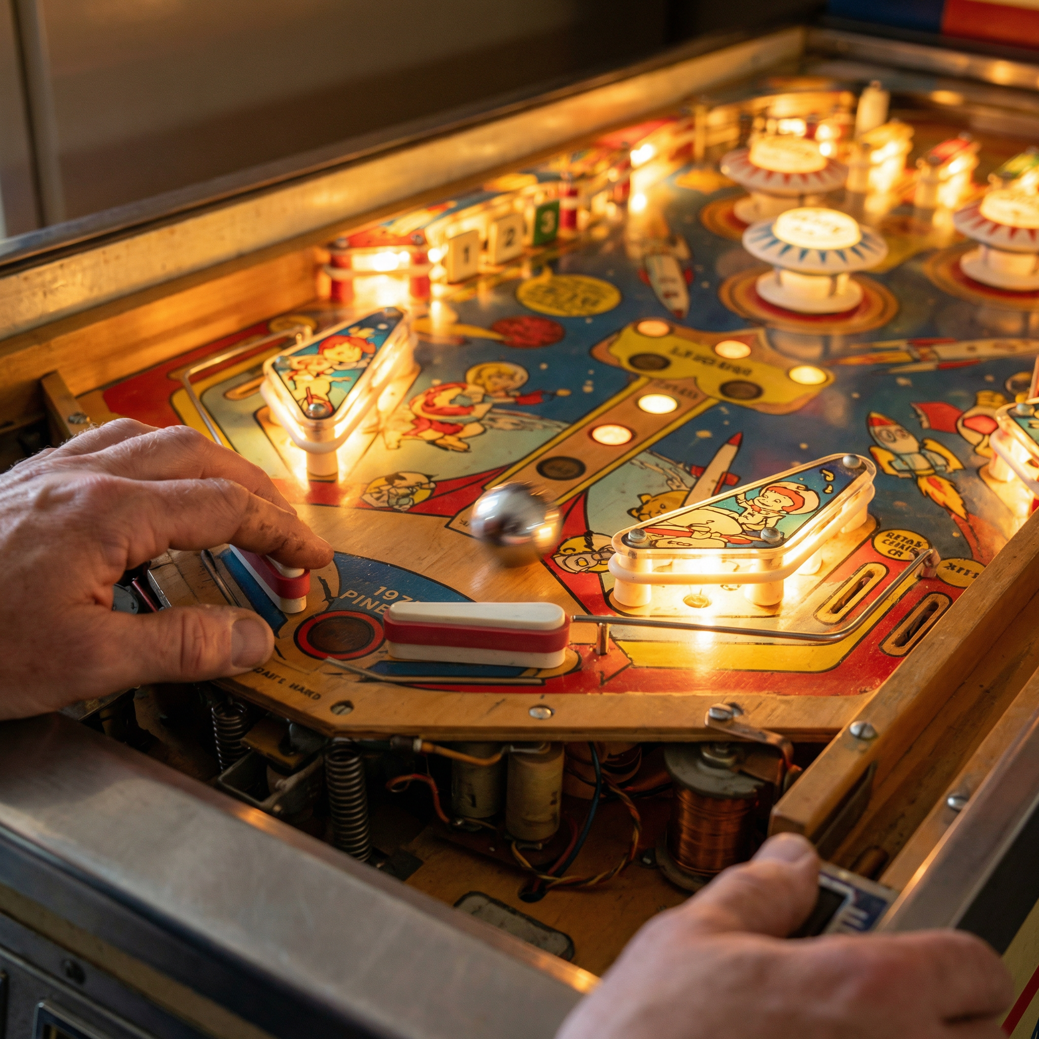 Someone playing a classic pinball machine. The ball is headed straight towards the flippers.