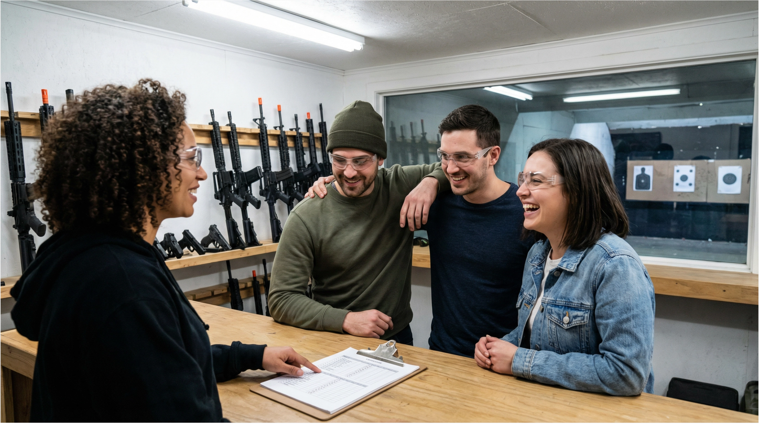 A group of four friends happily laughing and chatting at a gun range counter with rifles on the wall behind them, and a target practice poster outside the window.