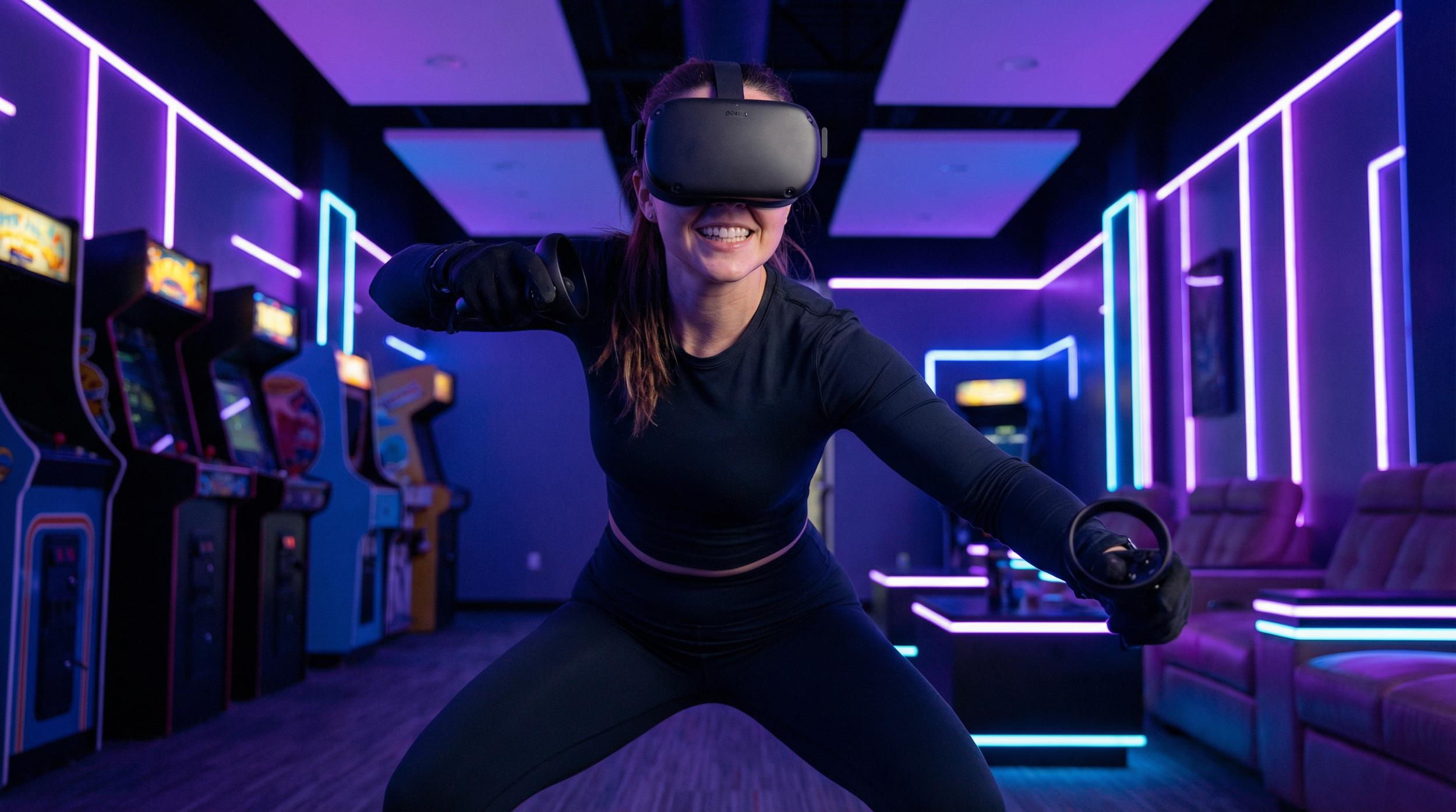 Woman in black workout clothes wearing a virtual reality headset and gloves, playing an immersive game in a neon-lit arcade with arcade machines and seating.