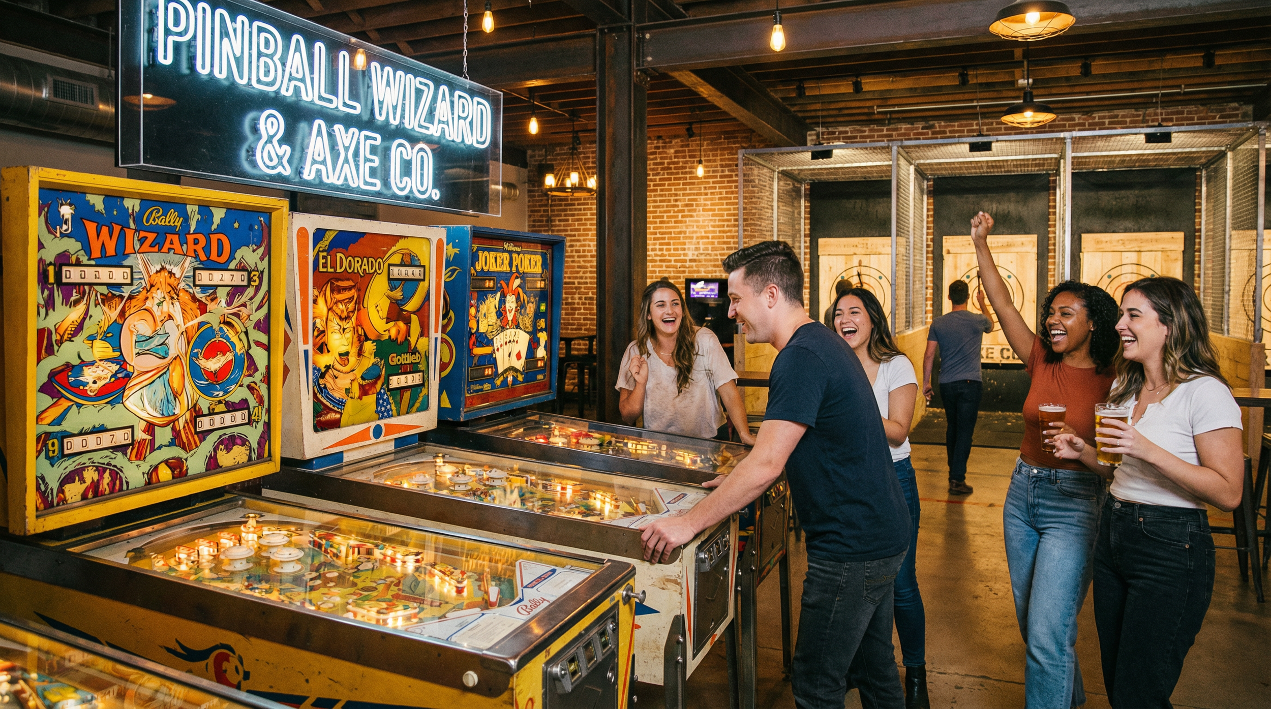 A group of friends playing pinball at a bar or arcade, with a sign that reads 'Pinball Wizard & Axe Co.' and smiling, enjoying the game and drinks.