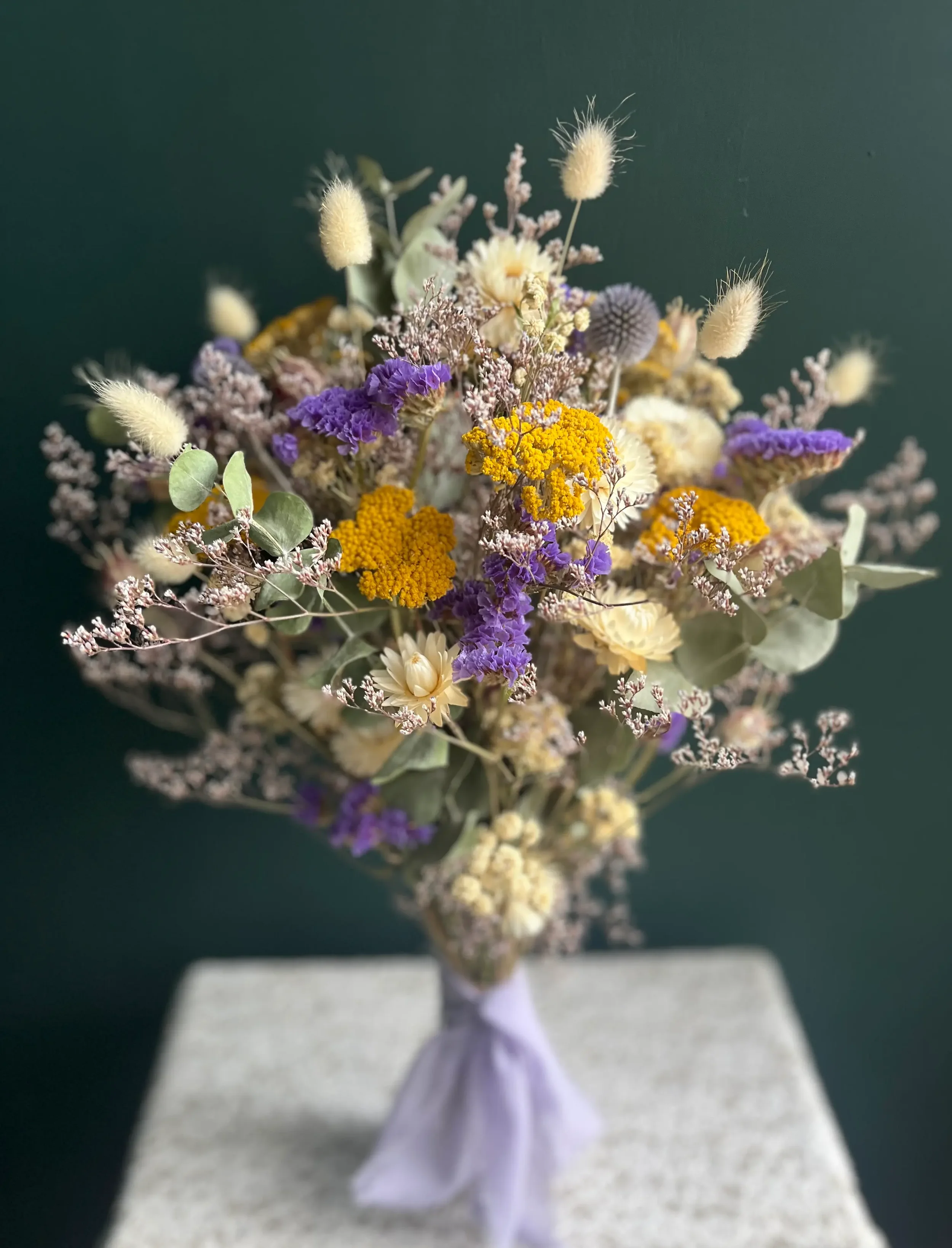 Elegant artisan dried flower floral bouquet with statice, grasses, eucalyptus and ribbon by little learf floral, Reading, Berkshire.webp