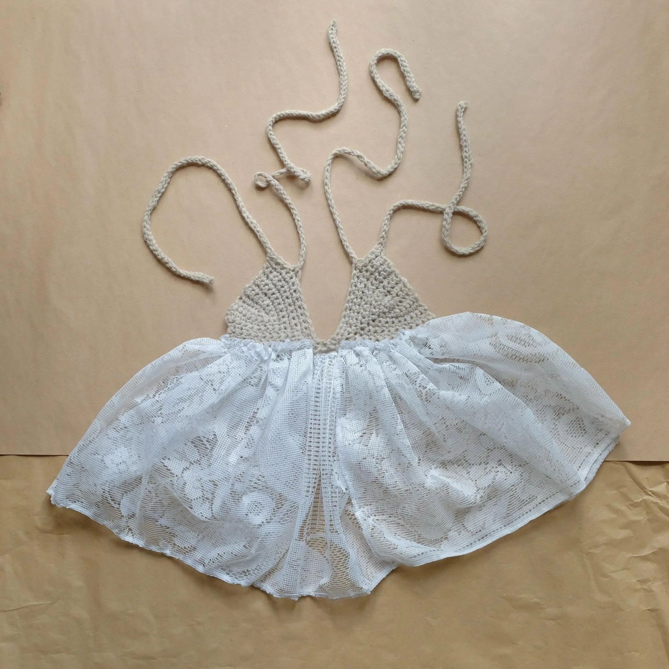 fairy top - beige 
mixed recycled lace curtain + 100% cotton crochet top
elastic underbust, adjustable tie straps
best fits size S/M (swipe to see measurements)
&euro;40 + shipping (or free pickup berlin) 
DM to purchase