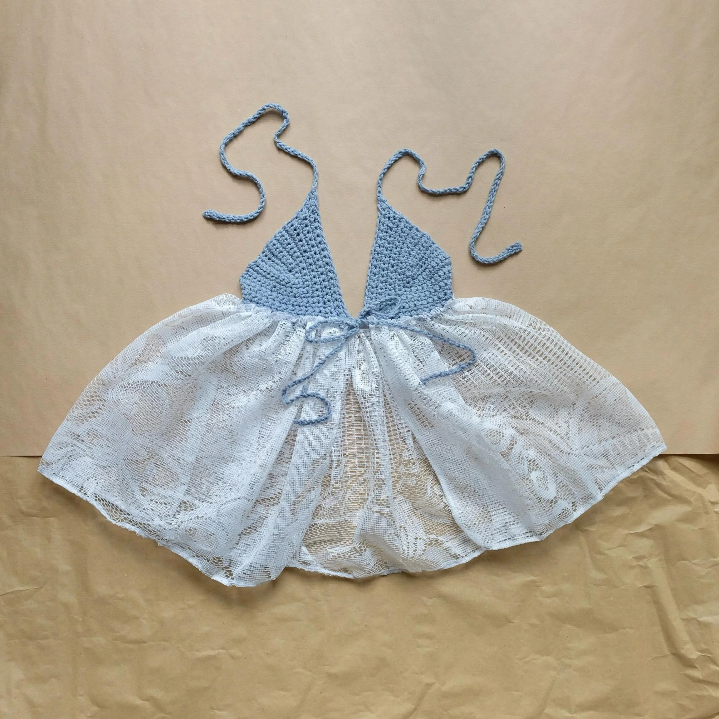 fairy top - blue 
mixed recycled lace curtain + 100% cotton crochet top
elastic underbust, adjustable tie straps
best fits size S/M (swipe to see measurements)
&euro;40 + shipping (or free pickup berlin) 
DM to purchase